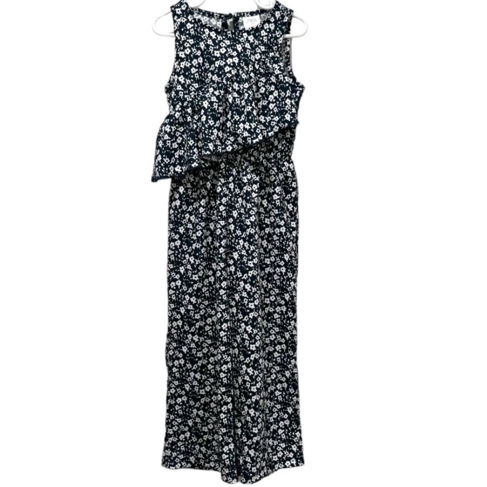 NWT ZARA Girls Navy Blue Floral Jumpsuit with Asymetrical Ruffle- Size 6
